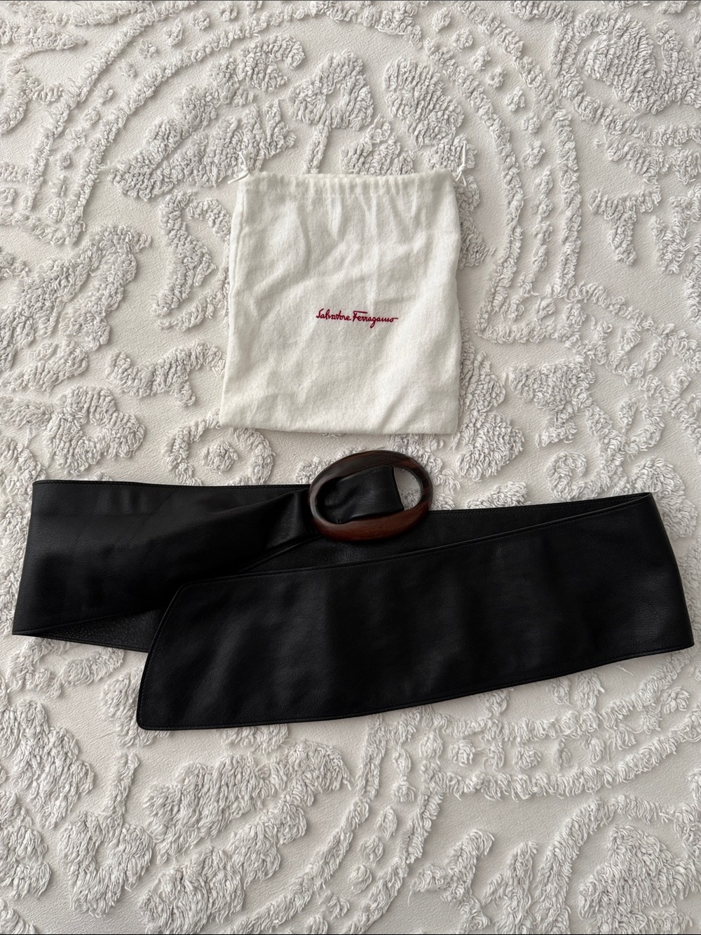 Salvatore Ferragamo Black Leather Sash Belt with Wood-Tone Oval Buckle